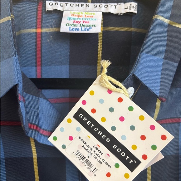 NWT Gretchen Scott Blue Yellow Black and Red Plaid Shirt -Size L - Picture 3 of 6